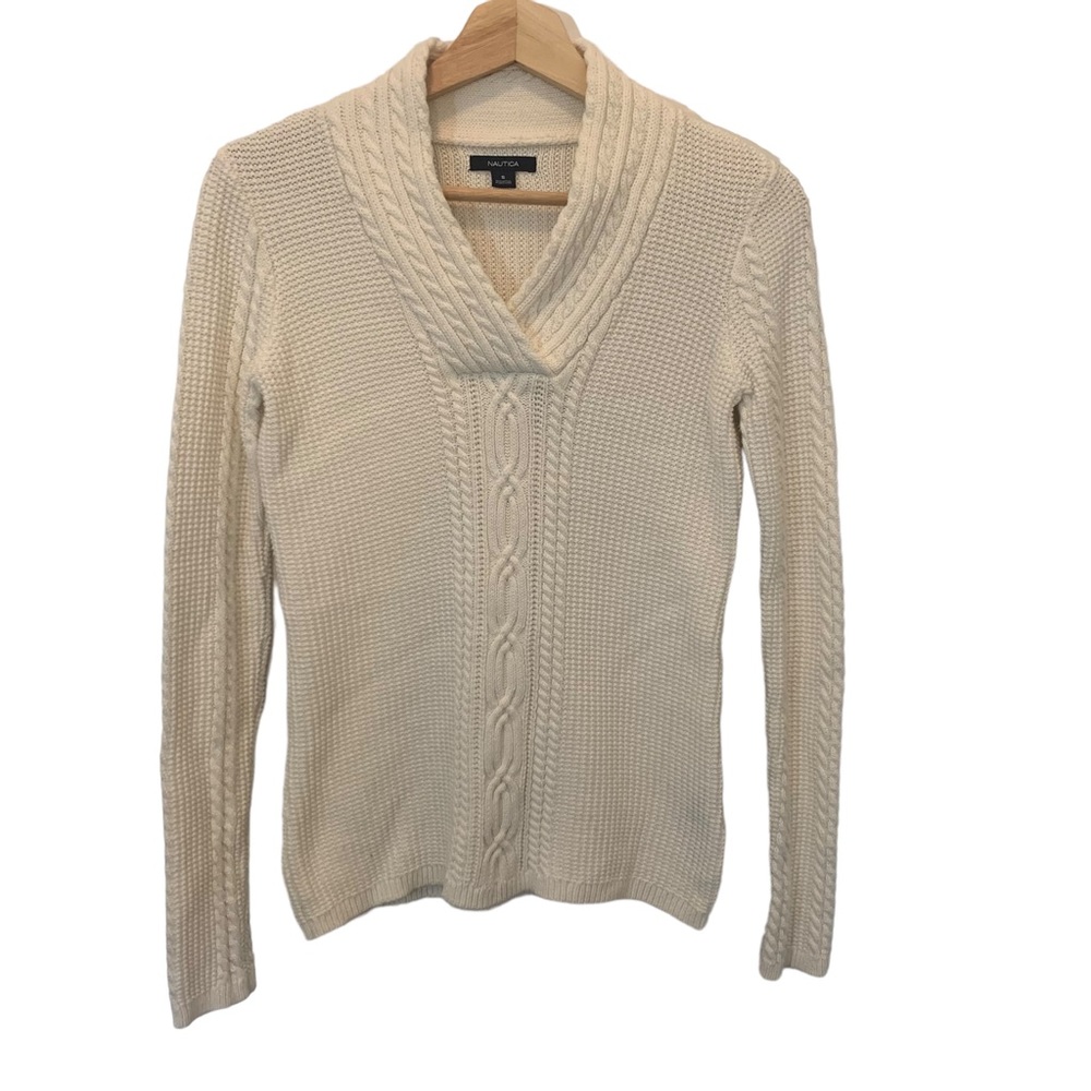 Nautica Cable Knit White Sweater with Mock V-Neck Women's Size Small